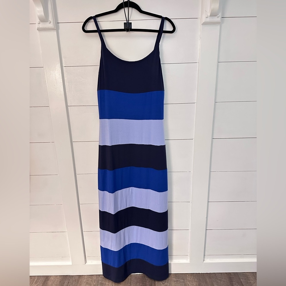 TOMMY BAHAMA M Blue striped spaghetti strap stretch cozy maxi dress Joanna Krupa - Picture 2 of 12